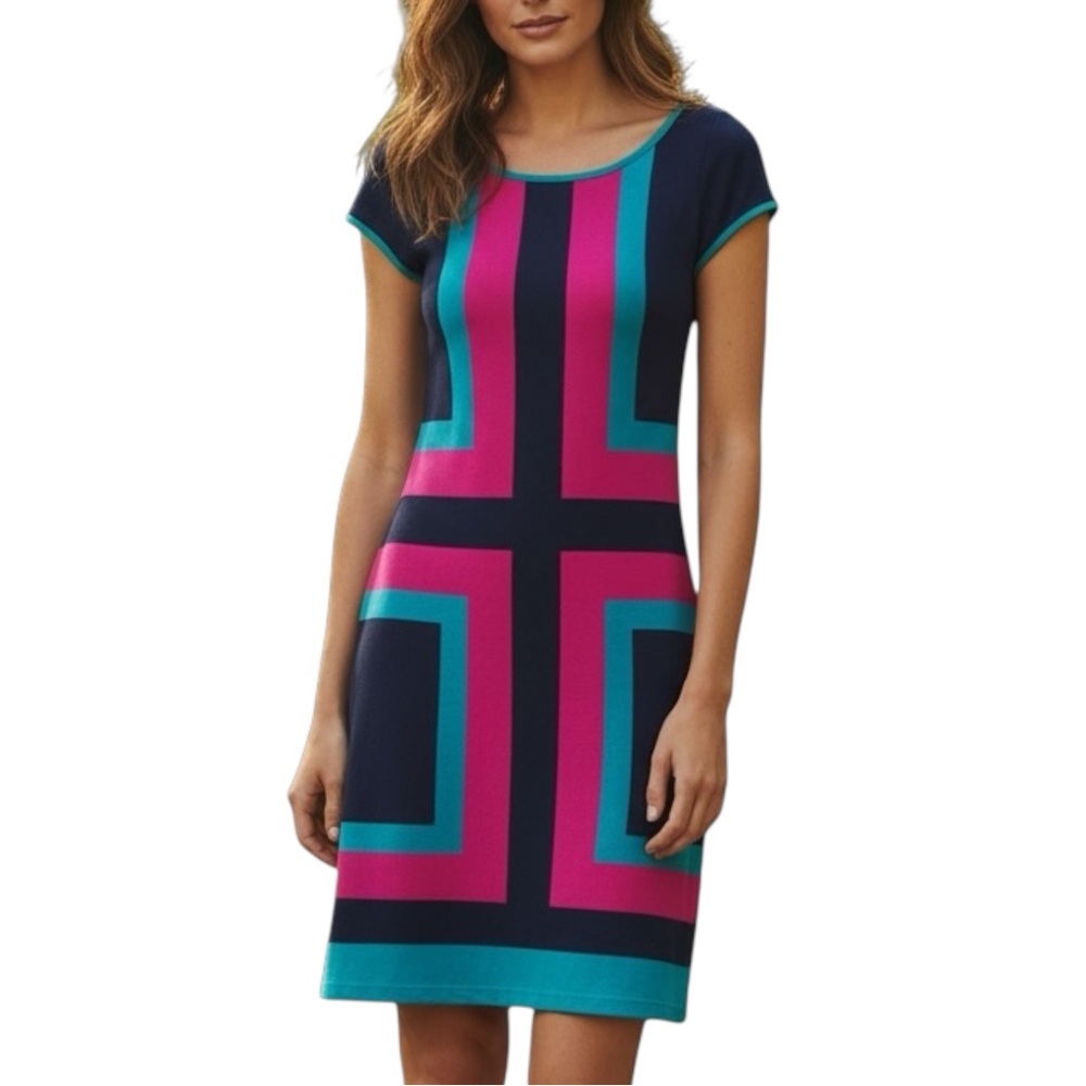 Lilly Pulitzer Isabella Knit Short Sleeve Color Block Dark Navy Teal Pink Dress